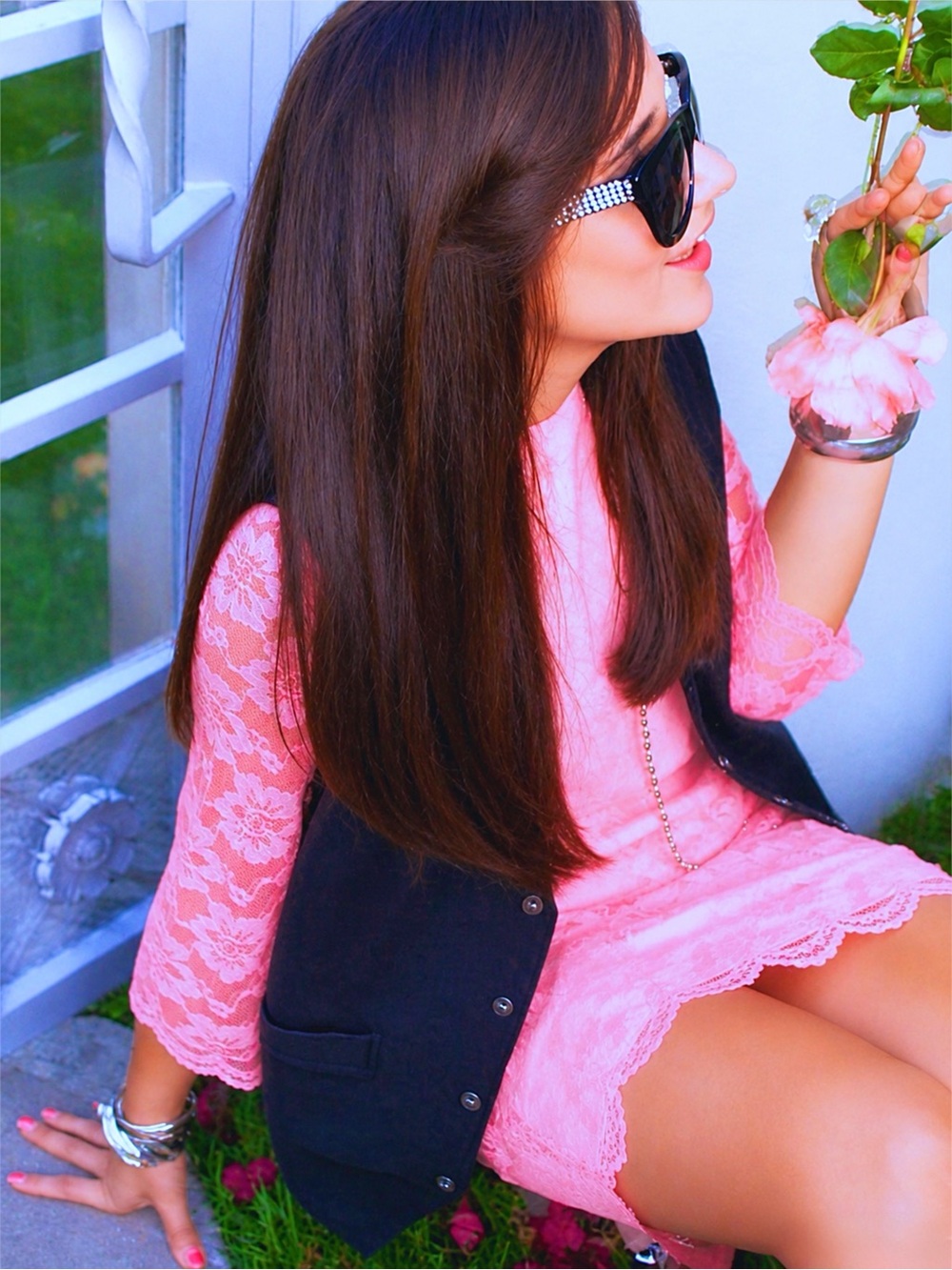 Vintage 60s Hot Pink Floral Lace Shift Mini Dress Sheer Bell Sleeve Slip XS / S - Picture 10 of 17